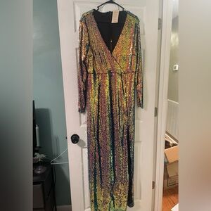 Gold and Pink Sequin Long Sleeve V-Neck Sheath Dress